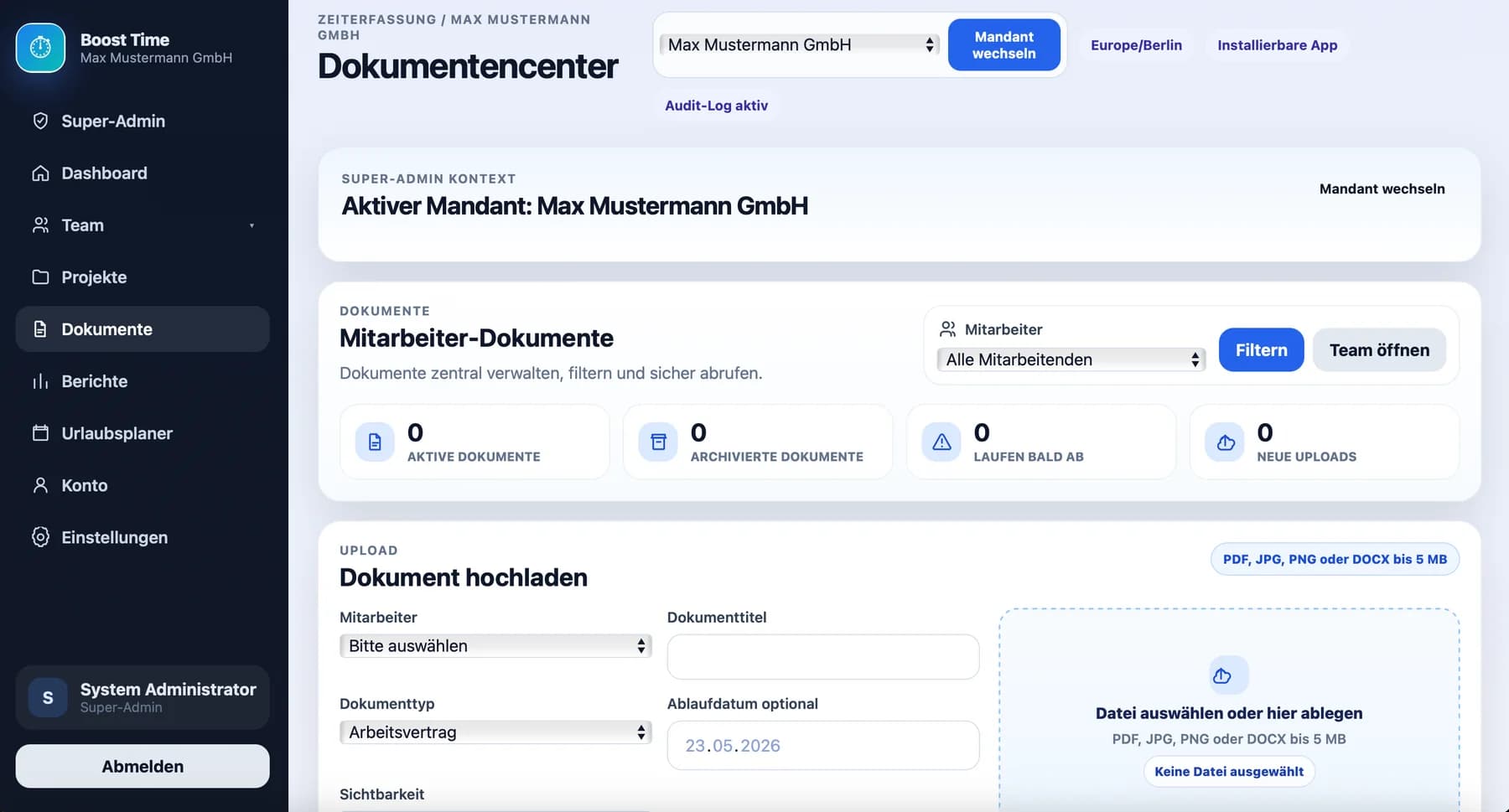 Boost-Your-Time Dokumentencenter Dashboard