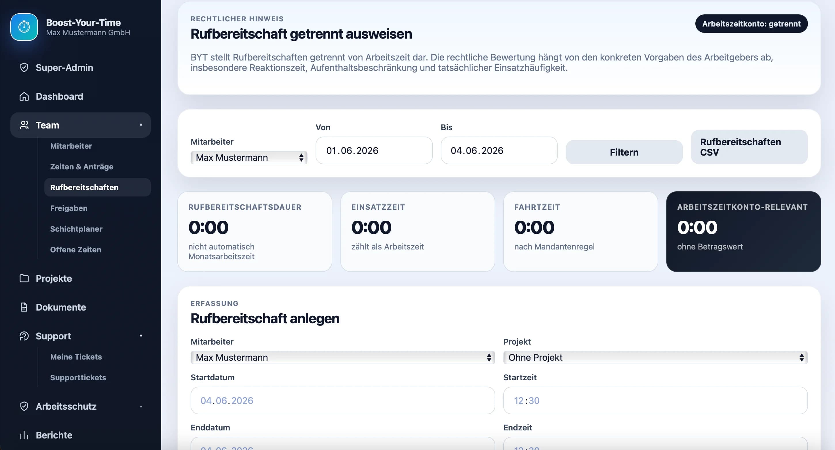 Dashboardansicht für Rufbereitschaften in Boost-Your-Time