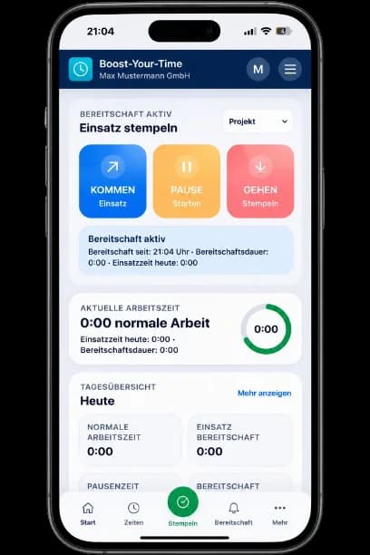Einsatz während der Bereitschaft in der mobilen Boost-Your-Time App stempeln