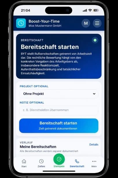 Bereitschaftsmodus in der mobilen Boost-Your-Time App starten