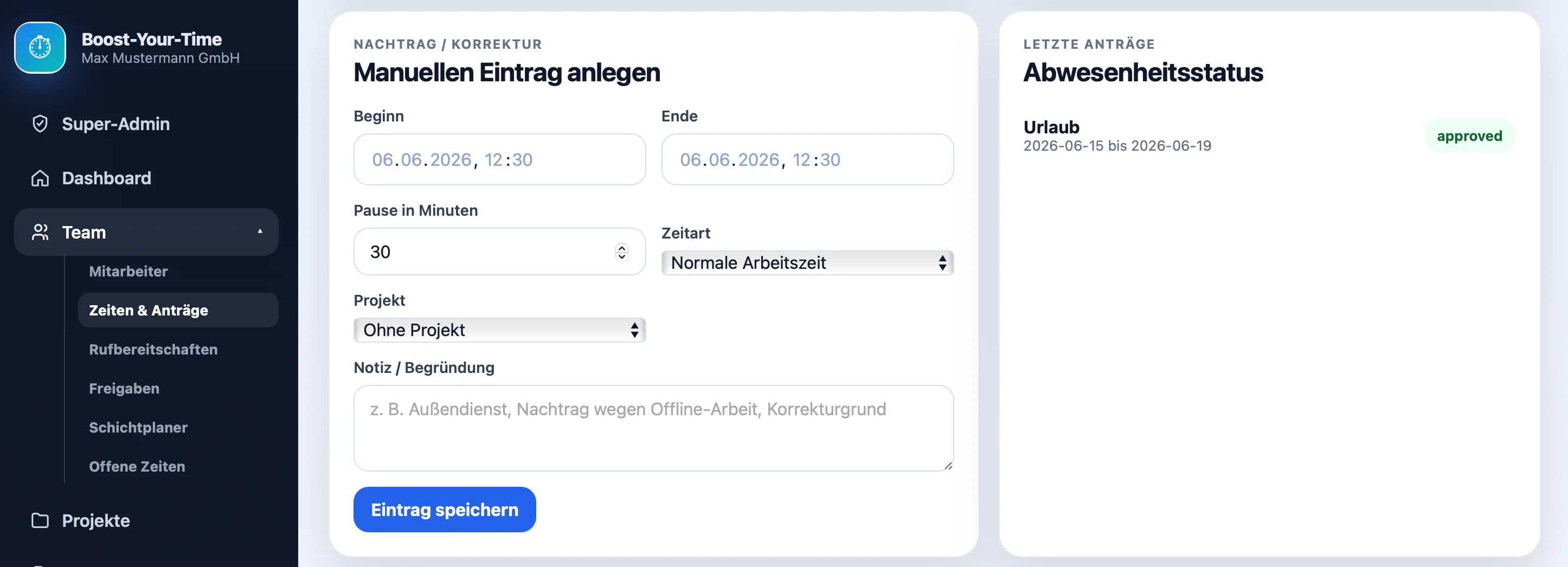 Manueller Eintrag und Abwesenheitsstatus in Boost-Your-Time