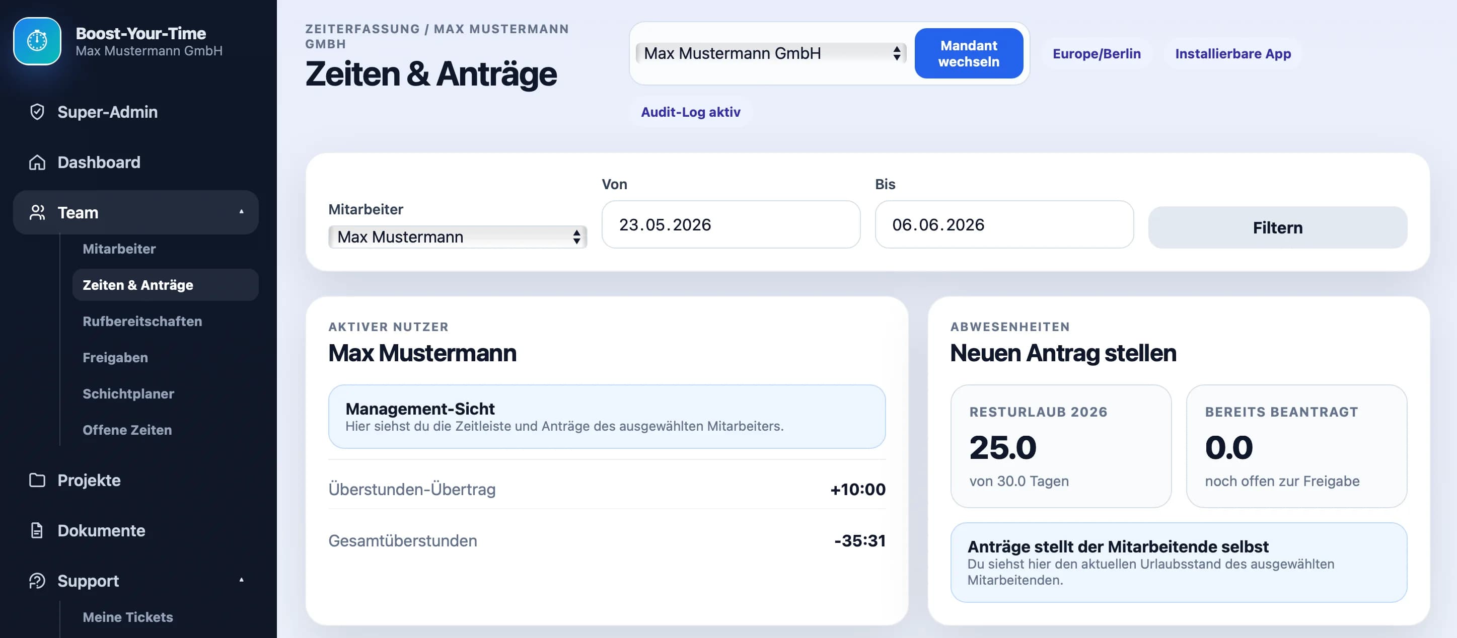 Management-Übersicht für Zeiten und Anträge in Boost-Your-Time