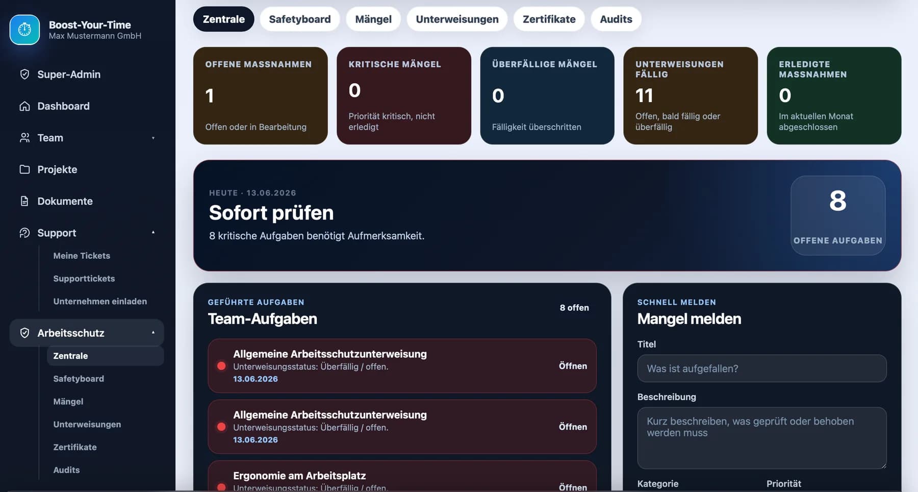 Arbeitsschutz-Zentrale in Boost-Your-Time mit Aufgaben, Mängeln, Unterweisungen und Nachweisen