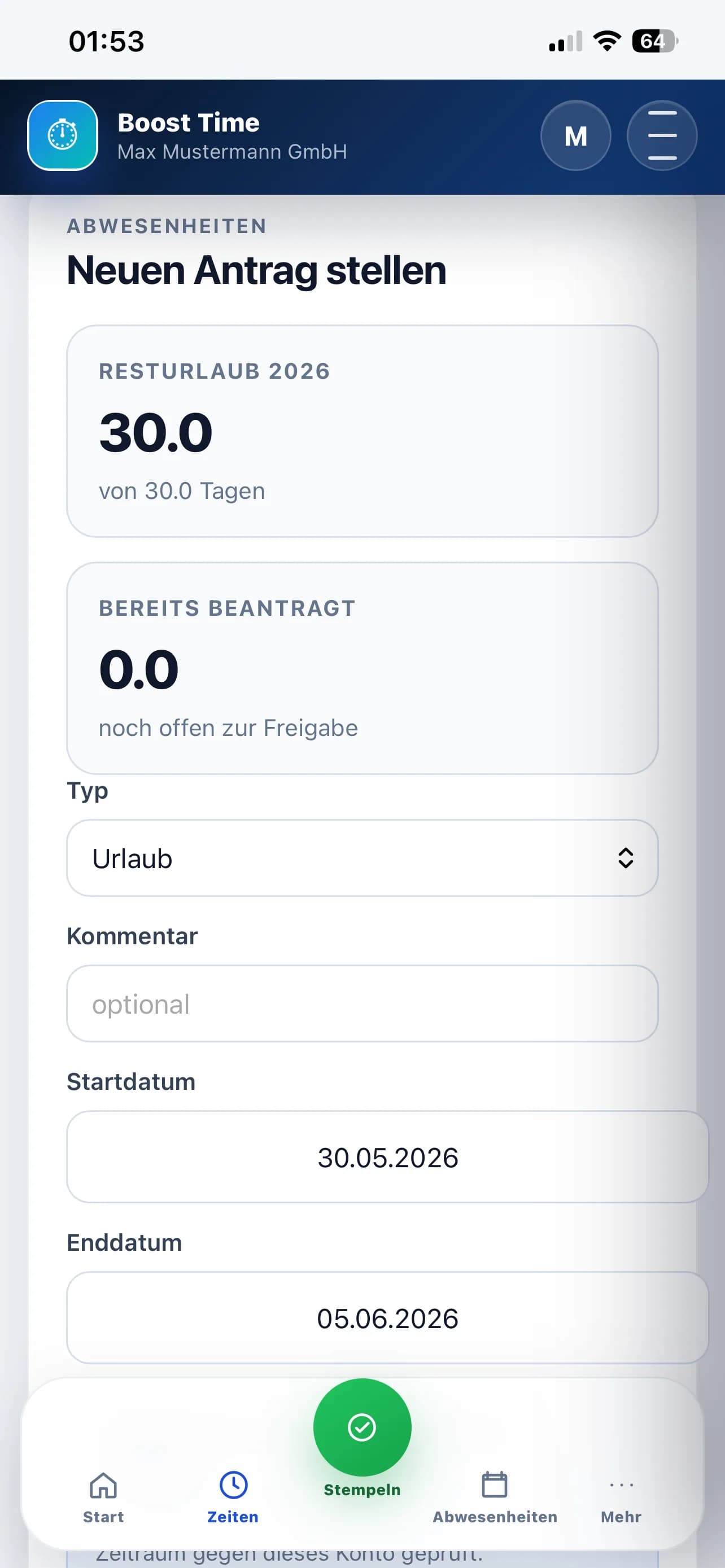 Urlaubsantrag mobil mit Boost-Your-Time