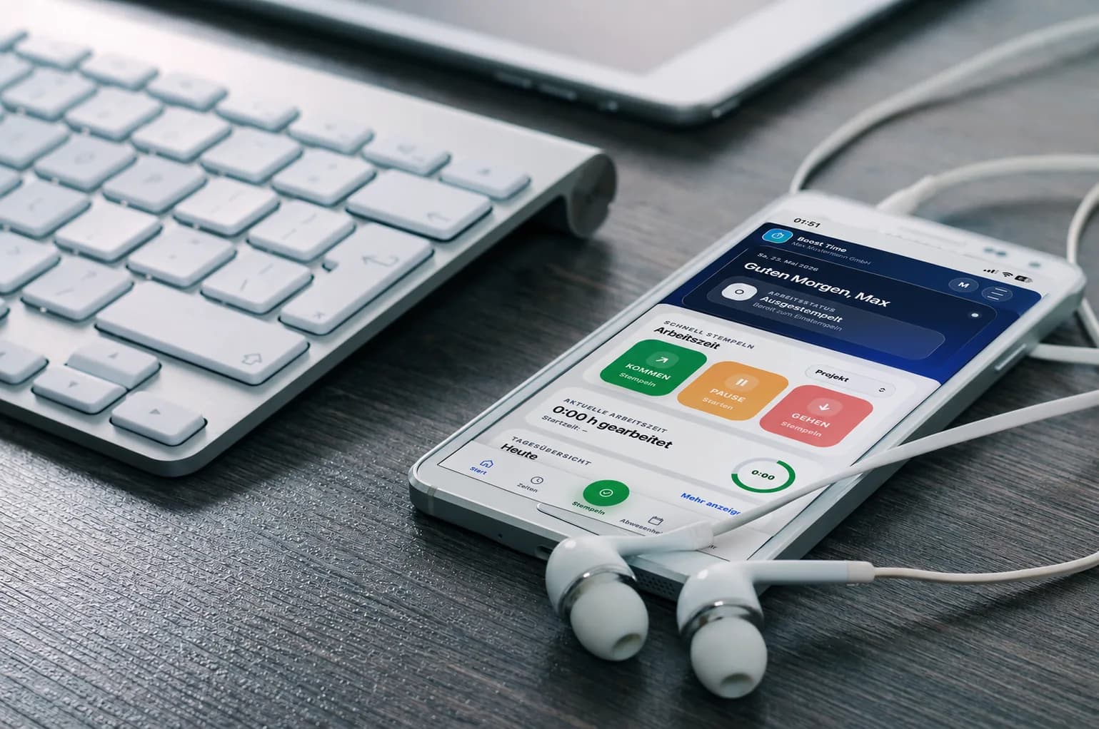 Mobile Zeiterfassung von Boost-Your-Time mit Smartphone und moderner App-Oberfläche